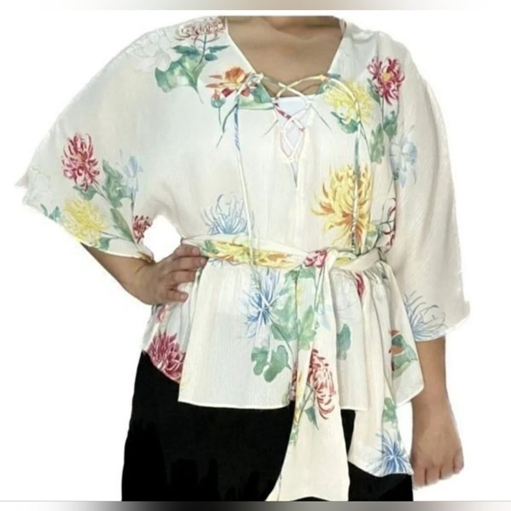 Zara L CreamBelt Floral Kimono 3/4 Sleeve Blouse - Multicolor V-neck Women's